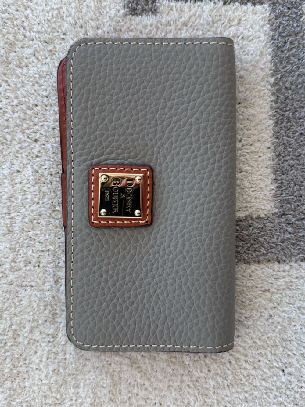 Dooney & Bourke Gray Leather Wallet with Brown Trim and Gold Plaque